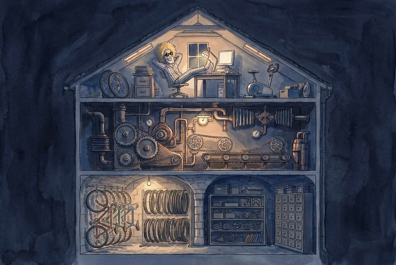 The same bicycle workshop at night, with the machinery and archive lit beneath the attic office.