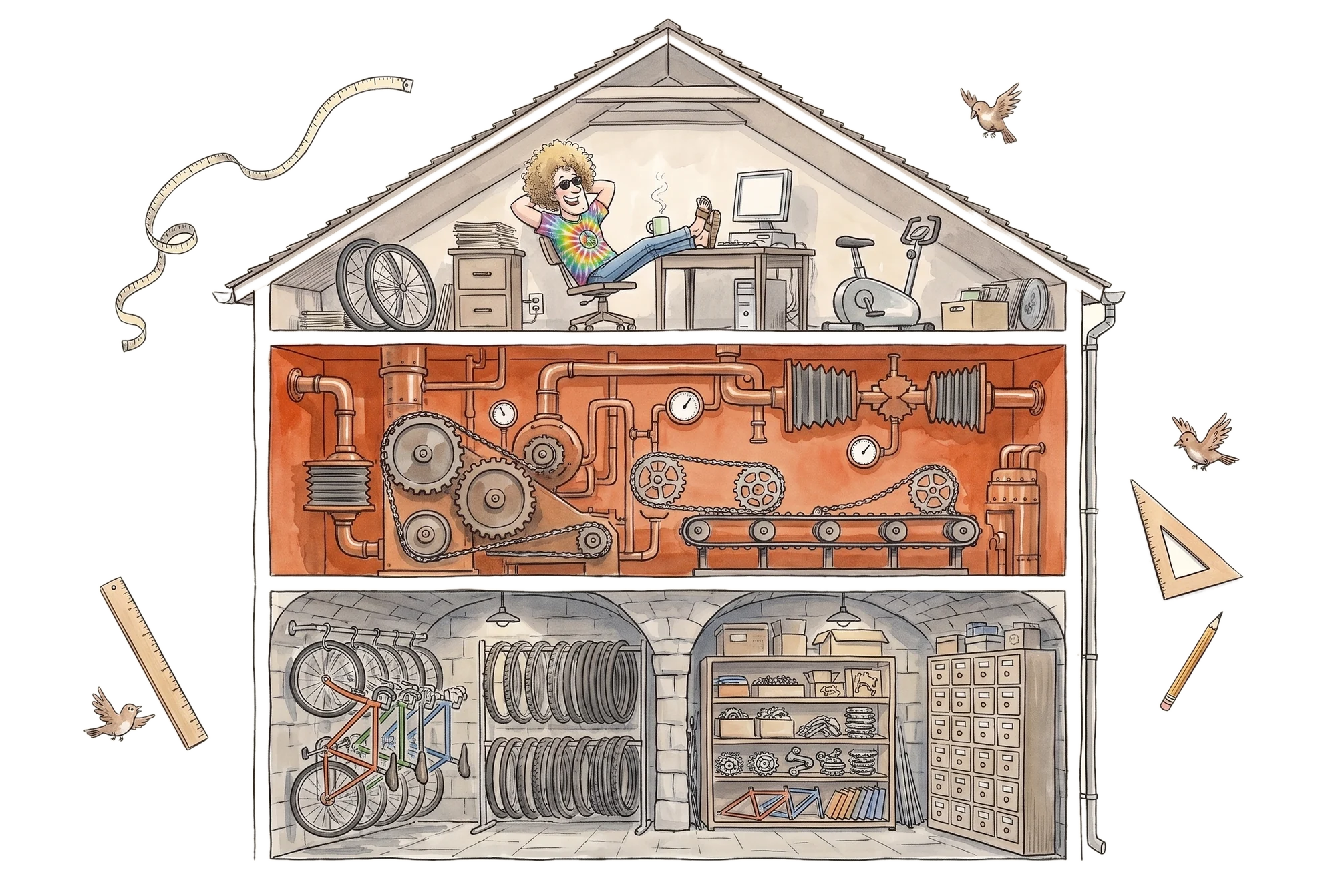 A cutaway bicycle workshop: an office above an automated machine floor and a basement archive of bicycles and parts.