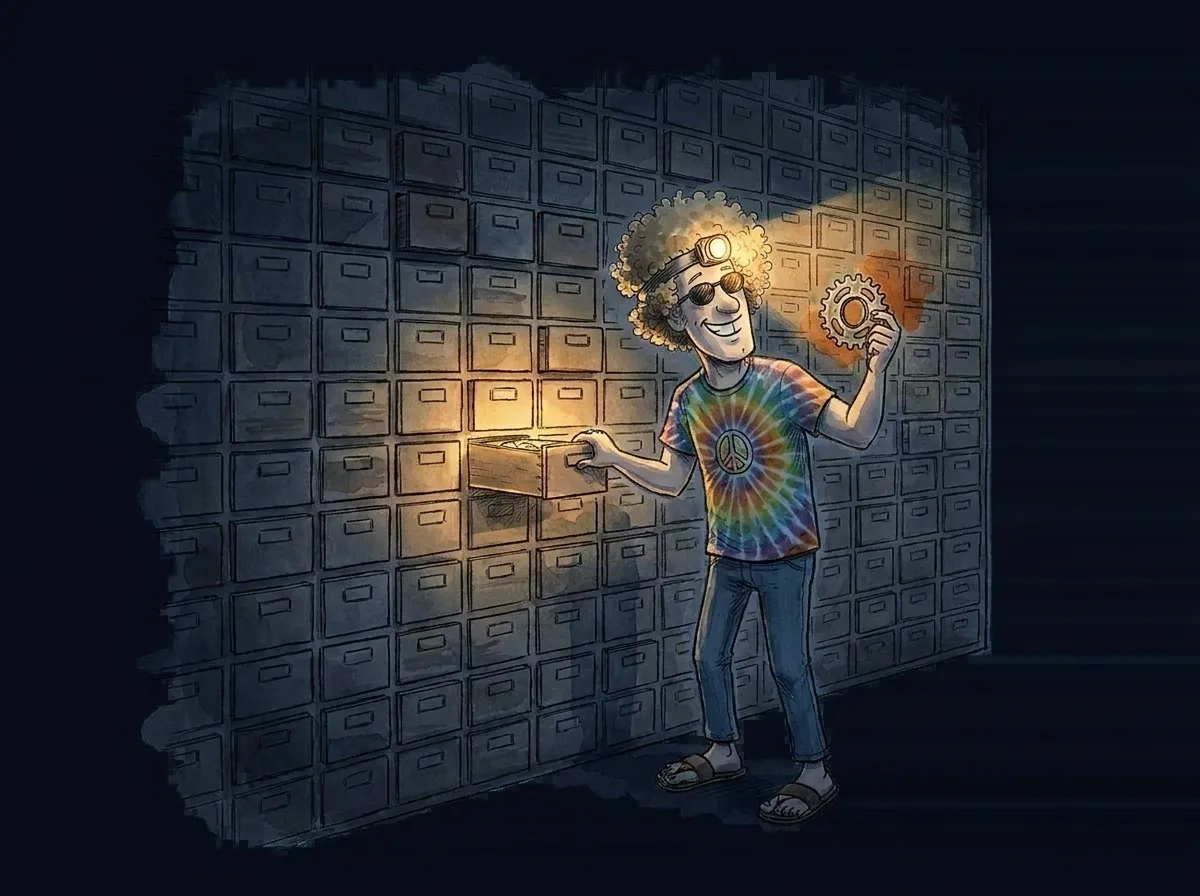 Night version: the wall of drawers in darkness, the hev mascot wearing a headtorch, the one open drawer lit from inside.
