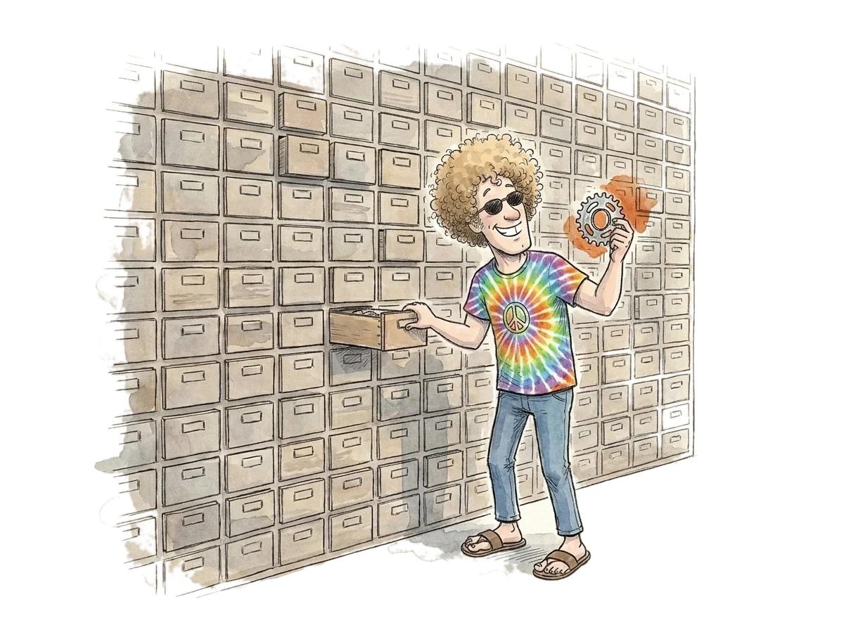 Ink-and-watercolour drawing of the hev mascot pulling one drawer from an enormous bicycle-shop wall of tiny parts drawers, a cog already in his other hand.