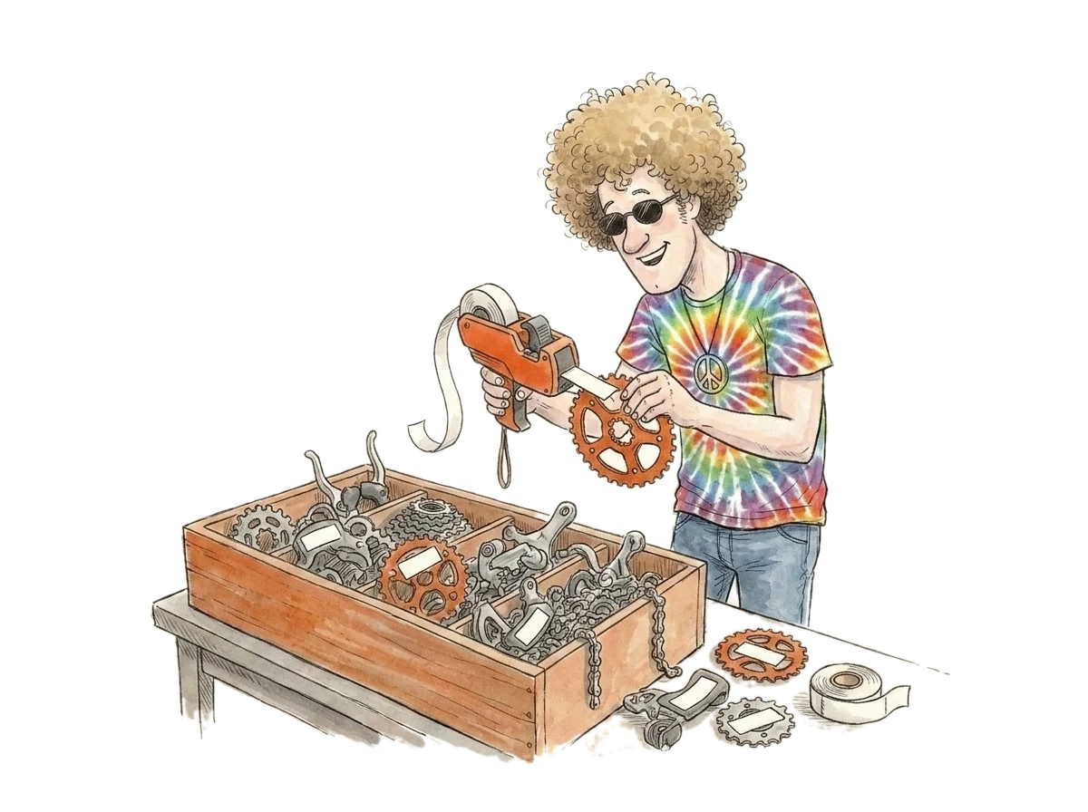 Ink-and-watercolour drawing of the hev mascot holding a handheld label gun and sticking a blank label onto a bicycle chainring, over an open parts bin of cogs, derailleurs and chains that already carry blank labels.